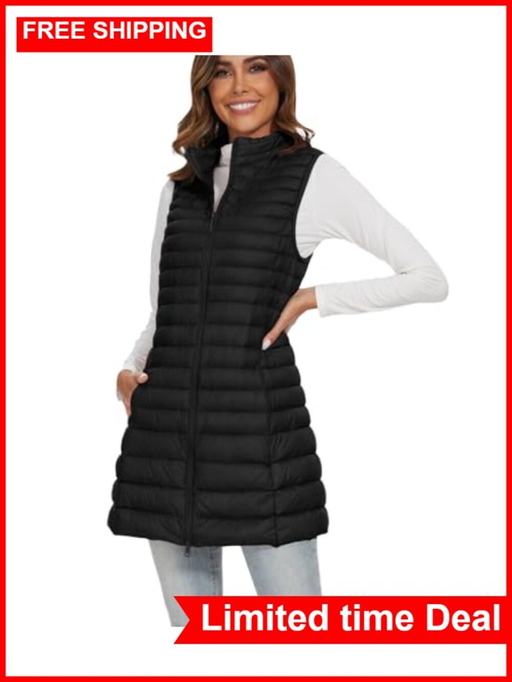 Long Puffer Vest Women Lightweight Duck Down Winter Warm Zip Quilted